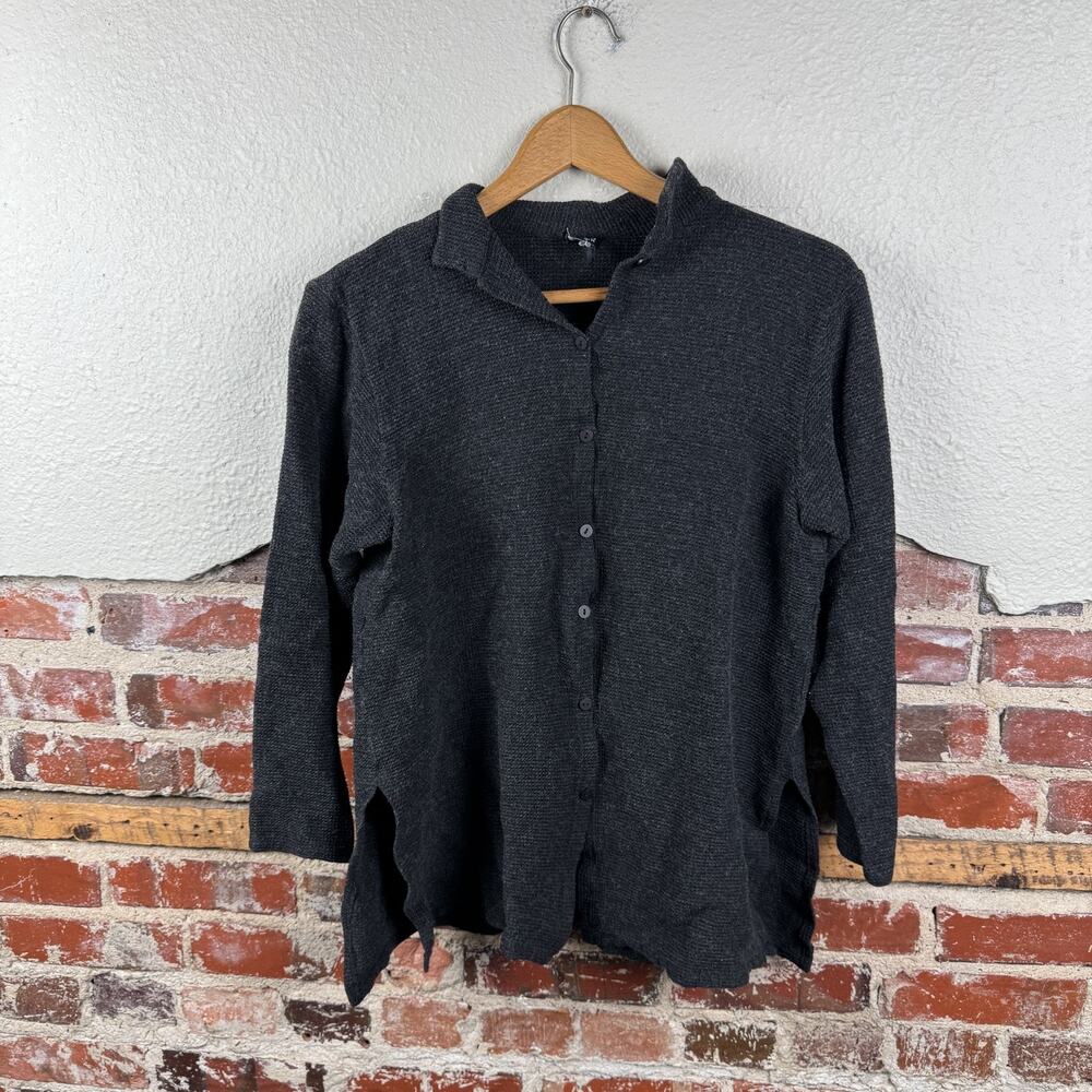 Eileen Fisher Sweater Womens Large Gray Button Up Wool Blend Knit Textured Shirt